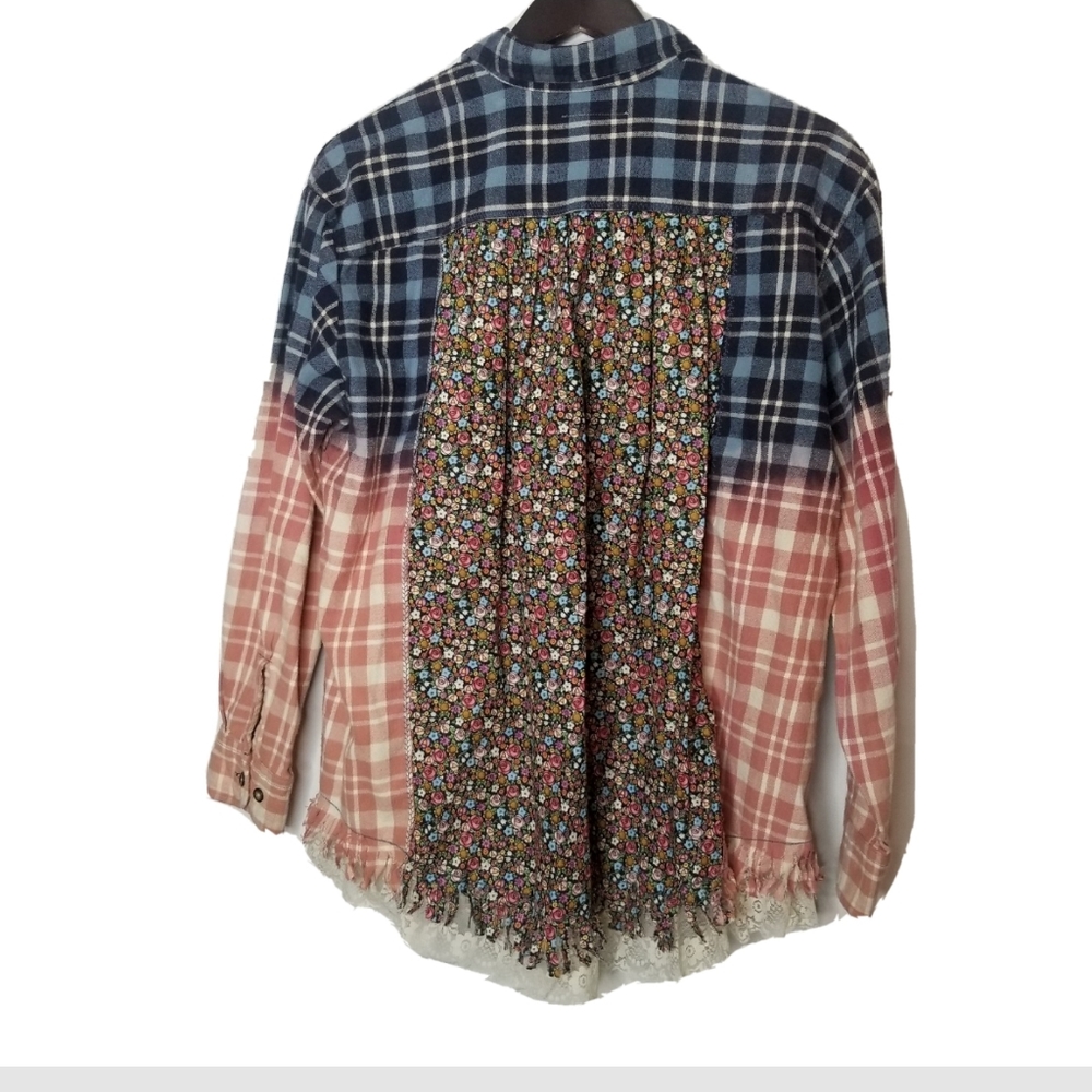 Custom Bleached Shirts Long Sleeve Flannel Shirt Size Medium to Large W/ Lace